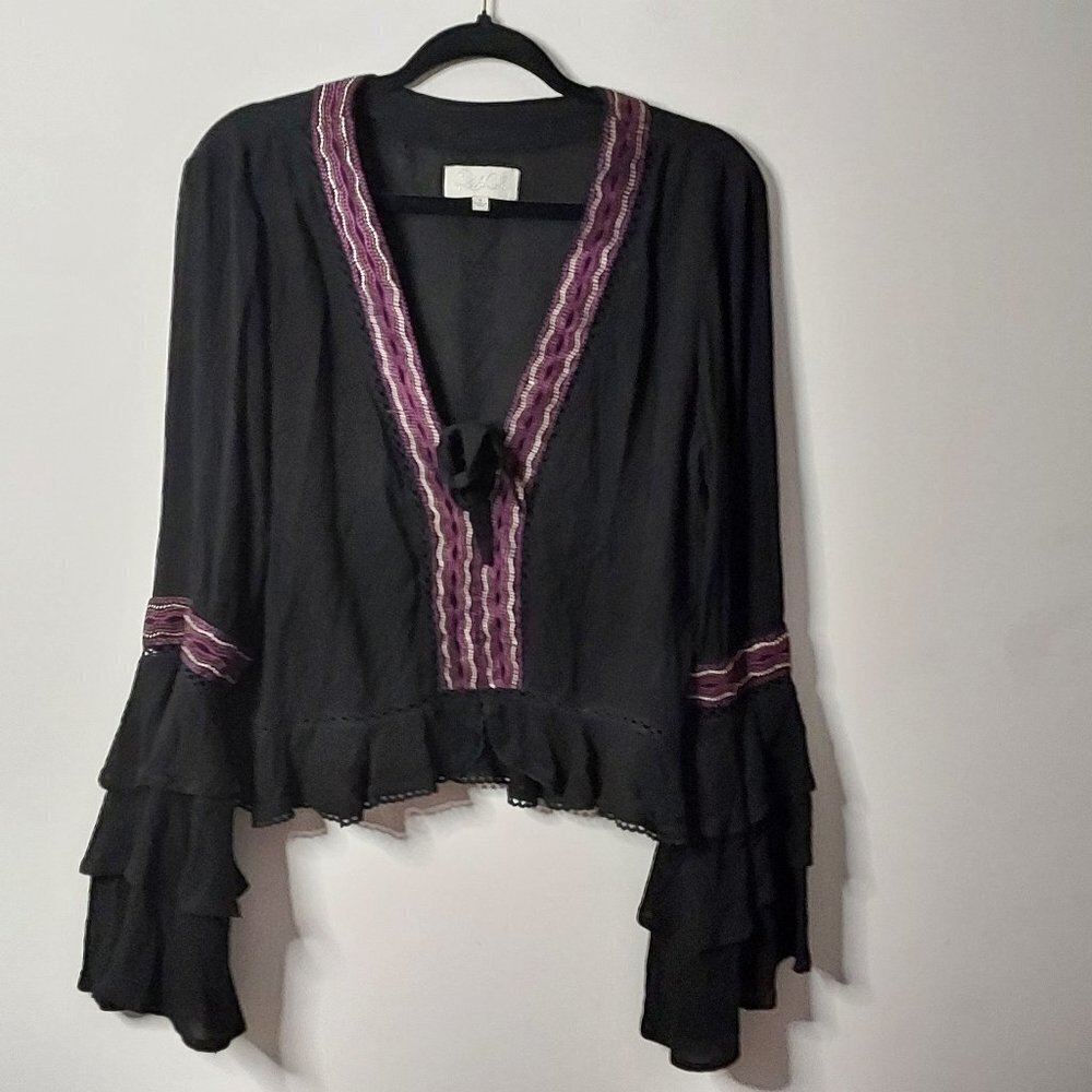 Rahi Cali Size Small Black Embroidered  Boho Bell Sleeve Top